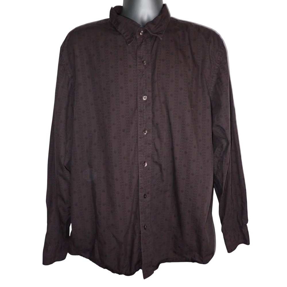 Good Vibes by Life is Good Mens Peace Sign Print Button Down Shirt Brown L Brown